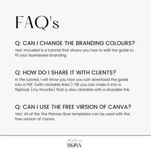 May include: FAQ's about a planner template.  The text asks if you can change the branding colors, how to share it with clients, and if you can use the free version of Canva.