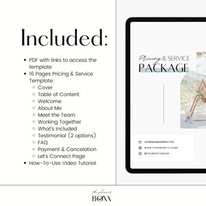 May include: A digital tablet mockup showing a pricing and service package template. The template includes a cover page, table of contents, welcome page, about me page, meet the team page, working together page, what's included page, testimonial page, FAQ page, payment and cancellation page, let's connect page, and a how-to-use video tutorial. The tablet is on a white background.