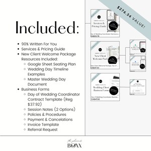 May include: A digital planner for wedding coordinators with a value of $276.54. The planner includes a variety of resources, such as a services and pricing guide, a new client welcome package, wedding day timeline examples, master wedding day documents, business forms, a day of wedding coordinator contract template, session notes, policies and procedures, payment and cancellations, an invoice template, and a referral request.