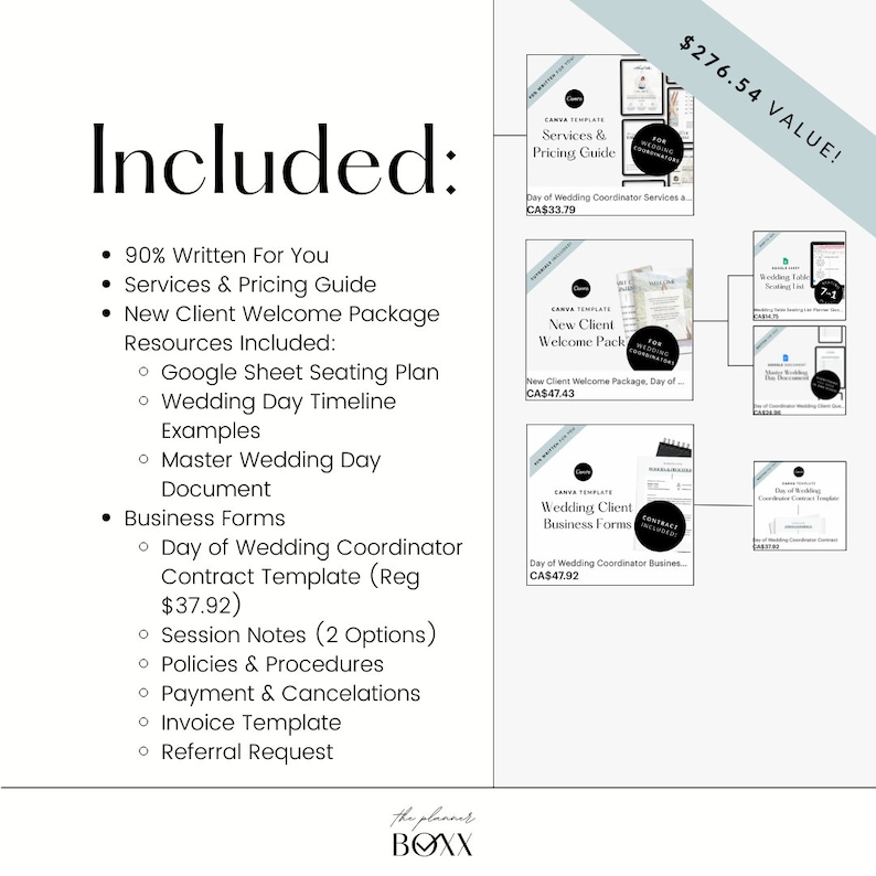 May include: A digital planner for wedding coordinators with a value of $276.54. The planner includes a variety of resources, such as a services and pricing guide, a new client welcome package, wedding day timeline examples, master wedding day documents, business forms, a day of wedding coordinator contract template, session notes, policies and procedures, payment and cancellations, an invoice template, and a referral request.
