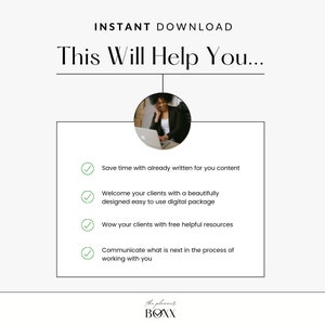 May include: A checklist with four green checkmarks next to the following text: Save time with already written for you content, Welcome your clients with a beautifully designed easy to use digital package, Wow your clients with free helpful resources, Communicate what is next in the process of working with you. The text "INSTANT DOWNLOAD" and "This Will Help You..." are at the top of the image. A woman is on a phone call in the top center of the image. The text "the planner BOXX" is at the bottom of the image.