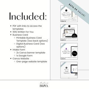 May include: A digital marketing package for small businesses, valued at $276.54, includes a PDF with links to templates, 90% written content, a business card template, a digital business card template, an intake form, Canva banner templates, a Google form, a Canva website template, and a one-page website template.