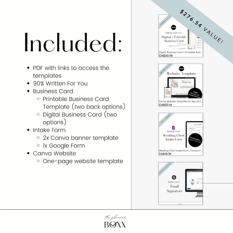 May include: A digital marketing package for small businesses, valued at $276.54, includes a PDF with links to templates, 90% written content, a business card template, a digital business card template, an intake form, Canva banner templates, a Google form, a Canva website template, and a one-page website template.