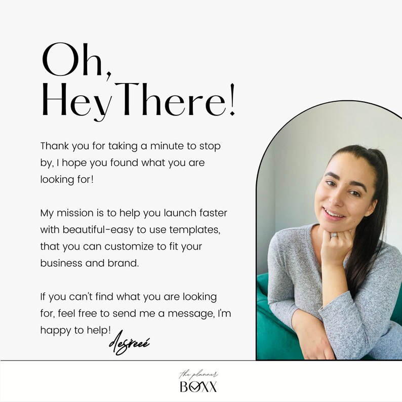 May include: A woman smiles and looks at the camera while sitting on a green chair. The text reads "Oh, Hey There!" and includes a message about helping people launch faster with easy-to-use templates. The text also includes the phrase "the planner BOXX".