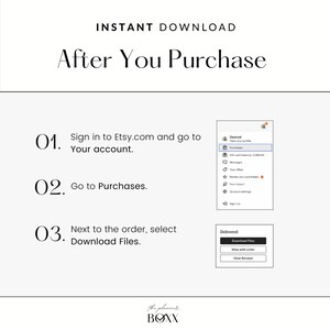 May include: A white and gray graphic with instructions on how to download digital files after purchasing from Etsy.com. The graphic includes a screenshot of the Etsy.com website showing the "Purchases" section.