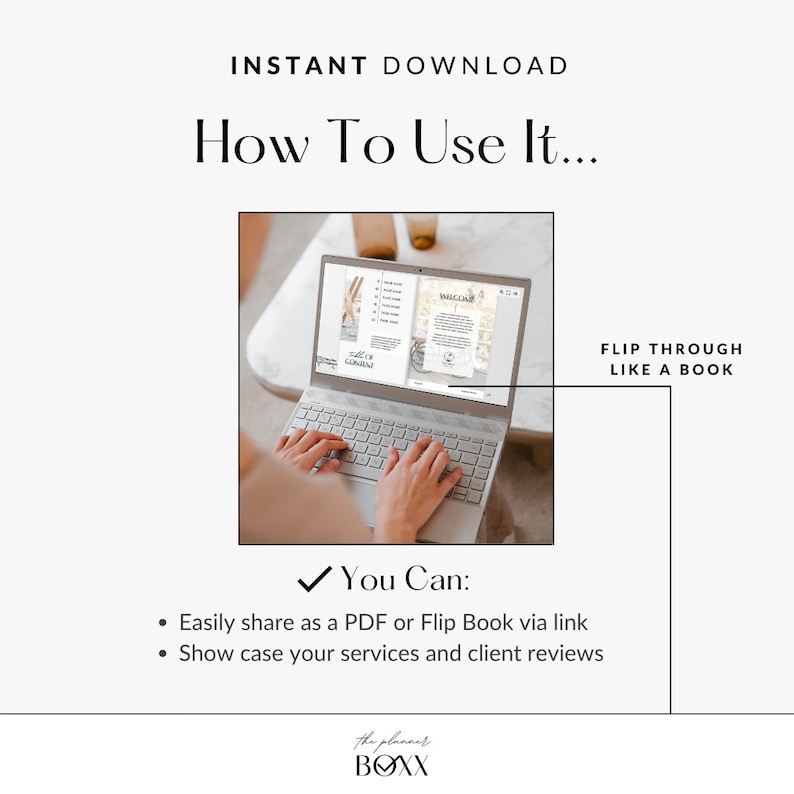 May include: A laptop computer screen displaying a digital flip book with pages titled "Welcome" and "Call to Action". The person's hands are typing on the keyboard. The text "Flip Through Like A Book" is on the right side of the image.