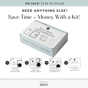 May include: A white box with the text "New Client Onboarding Kit" on the top. The box contains a set of four documents, each with a different title: "Intake Form", "Services & Pricing Guide", "New Client Welcome Pack", and "Consultation Contract Template". The box is labeled "Video Tutorials Included".