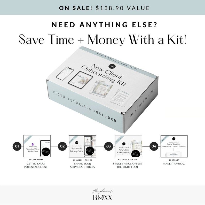 May include: A white box with the text "New Client Onboarding Kit" on the top. The box contains a set of four documents, each with a different title: "Intake Form", "Services & Pricing Guide", "New Client Welcome Pack", and "Consultation Contract Template". The box is labeled "Video Tutorials Included".