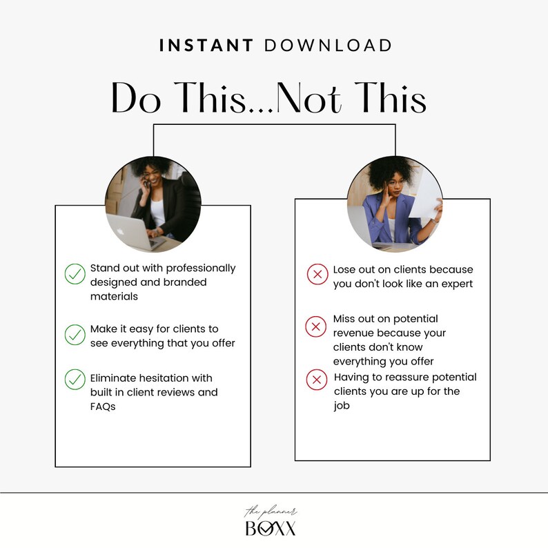 May include: A graphic with the text "Do This...Not This" and two columns of text with checkmarks and X marks. The left column lists three things to do to stand out professionally, including using professionally designed and branded materials, making it easy for clients to see everything you offer, and eliminating hesitation with built-in client reviews and FAQs. The right column lists three things not to do, including losing out on clients because you don't look like an expert, missing out on potential revenue because your clients don't know everything you offer, and having to reassure potential clients you are up for the job.