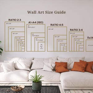 May include: A wall art size guide with different ratios and sizes listed in inches. The guide shows the different sizes of art prints that are commonly available. The ratios are 2:3, 4:5, 3:4, and 11x14.
