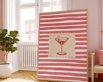 Retro art print, martini art, retro wall art, retro kitchen art, red wall art, bar cart decor, stripe art print, DIGITAL DOWNLOAD