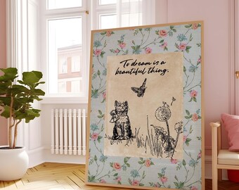 Vintage Cat Floral Print: Cottagecore French Country Wall Art (Digital Download)