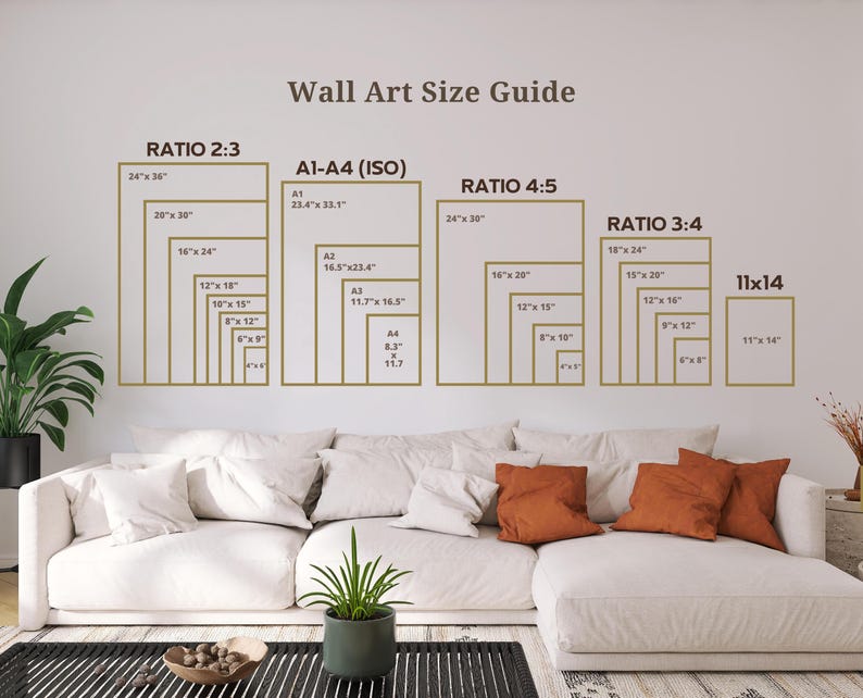 May include: A wall art size guide with different ratios and sizes listed in inches. The guide shows the different sizes of art prints that are commonly available. The ratios are 2:3, 4:5, 3:4, and 11x14.
