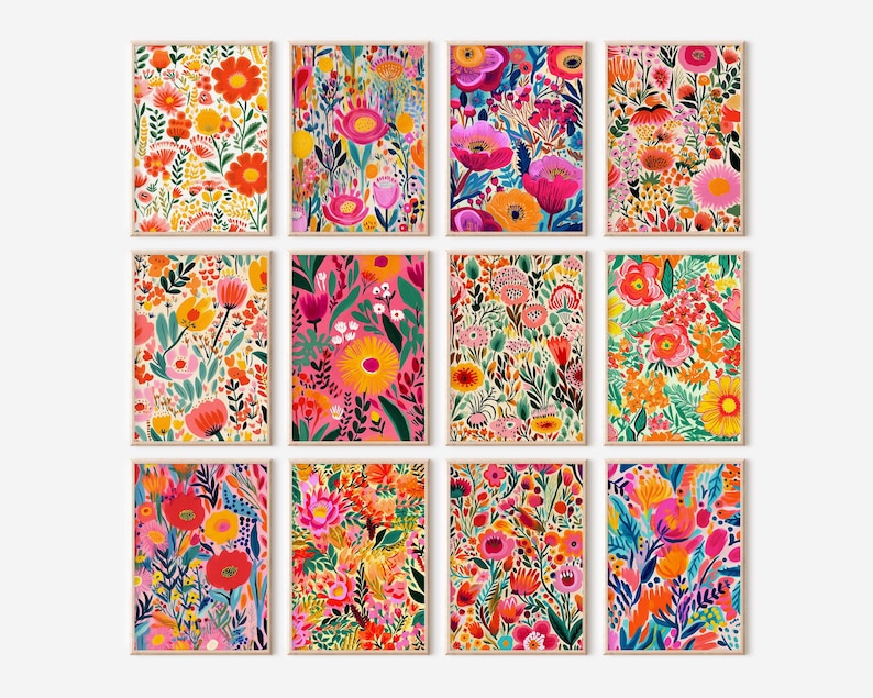May include: Twelve framed prints of colorful floral patterns. Each print features a different arrangement of flowers in shades of pink, orange, yellow, and green.