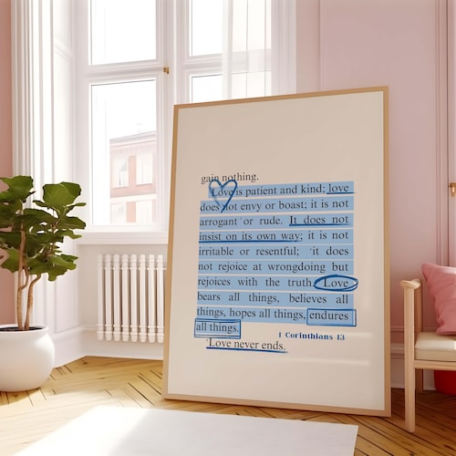Blaue Schrift Wand Kunst Druck: 1 Korinther 13 (Digitaler Download)