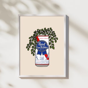 May include: A vintage illustration of a can of Pabst Blue Ribbon beer with a green plant growing out of the top. The can is red, white, and blue with the Pabst Blue Ribbon logo and the words "16 fl oz" printed on it.