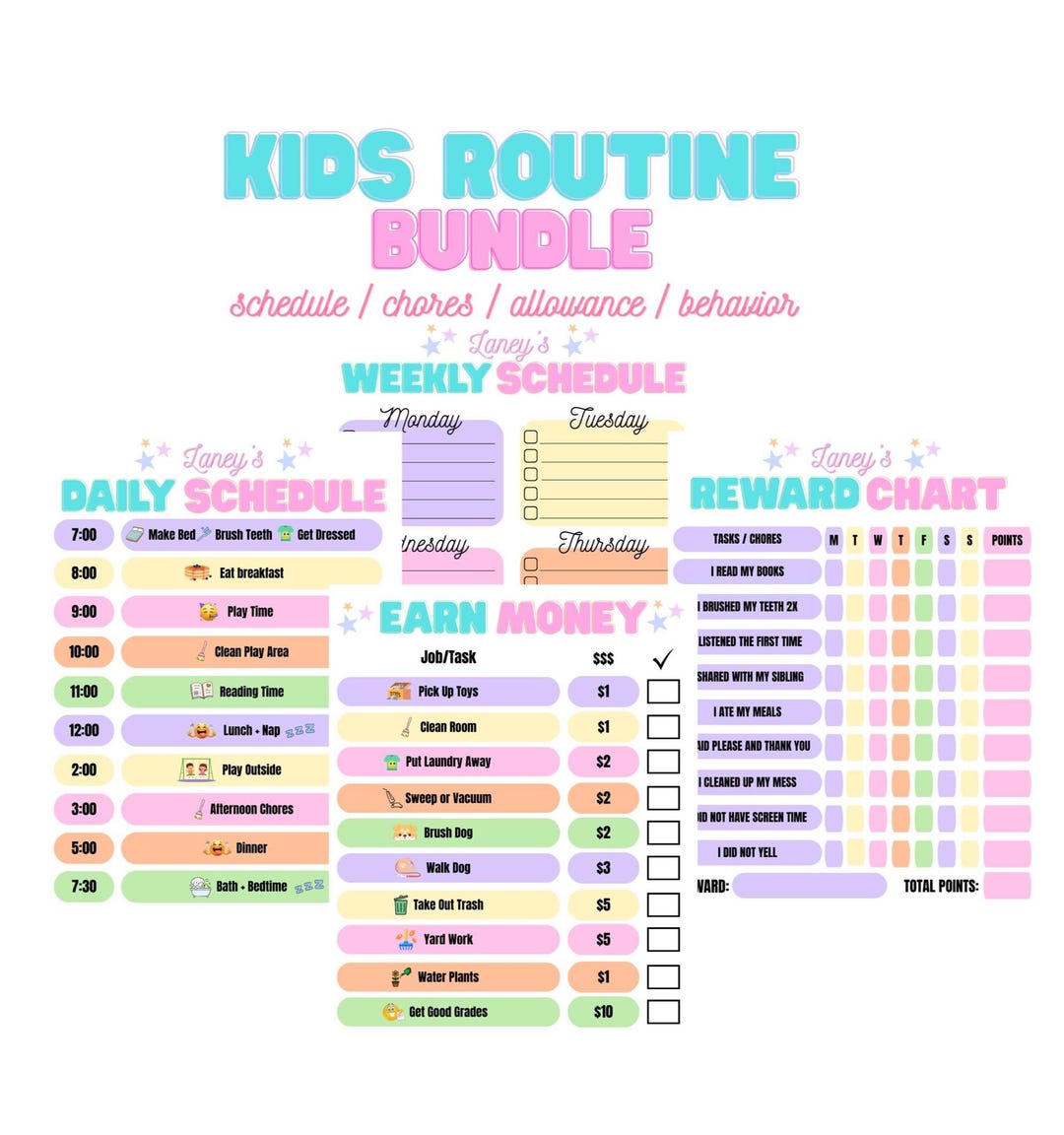 Daily Rewards Layout Kids Daily Routine Charts, Chore & Reward System (editable, 8.5x11 ...