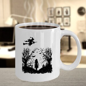 Flying Witch on Broomstick Halloween Mug Wooded Path Horror Movie Graveyard Witch Mug Witch Cup Halloween Cup Halloween Gifts for Halloween