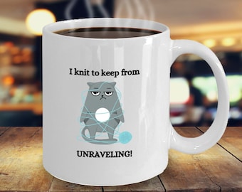 Funny Knitting Mug, "Knitter Unraveling" Ceramic Coffee Cup
