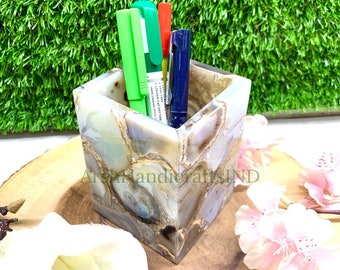 Handmade Natural Agate Pen Holder for Table Storage, Office Desk storage, Unique pen stand, Indian Handicraft, Healing Stone
