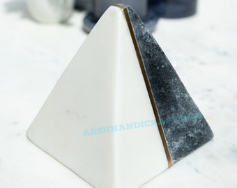 Unique White Marble Pyramid with Brass strips Inlay, Unique Office Desk storage, Home Decor items, Indian Handicraft Showpiece