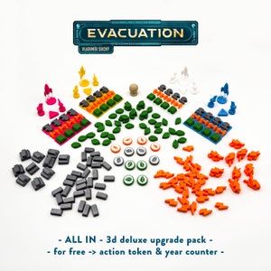 Peut inclure: Un pack d'extension 3D de luxe pour le jeu de société "Evacuation" de Vladimír Suchý. Le pack comprend une variété de pièces de jeu en plastique de couleur, y compris des jetons d'action, des compteurs d'années et des feuilles. Le pack comprend également une carte de titre avec le nom du jeu et le nom du concepteur.
