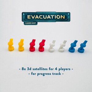 Könnte beinhalten: Acht 3D-gedruckte Satelliten-Spielfiguren in vier Farben: Gelb, Rot, Weiß und Blau. Die Spielfiguren sind für ein Brettspiel namens "Evacuation" von Vladimir Suchy konzipiert.