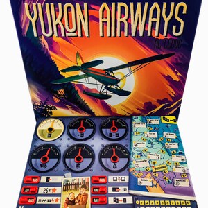 May include: A board game box titled "Yukon Airways" with a vintage airplane illustration against a sunset backdrop. The game includes a control panel with gauges, a map, and game pieces. The word "Norseman" is visible.