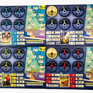May include: Four game boards with a retro aviation theme. Each board features gauges, a map, and the names "Turbo Beaver", "Cessna 172", "Super Cub", and "Norseman". The boards have a blue and yellow color scheme with illustrations.