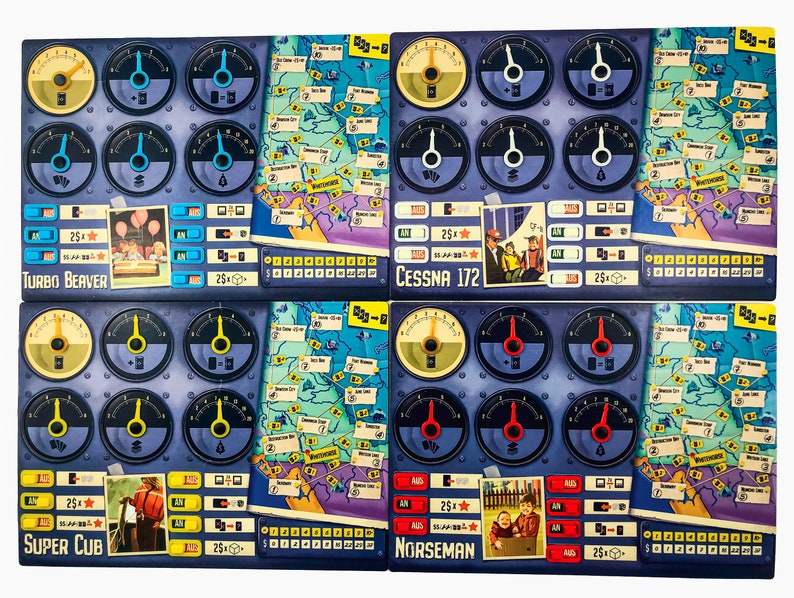 May include: Four game boards with a retro aviation theme. Each board features gauges, a map, and the names "Turbo Beaver", "Cessna 172", "Super Cub", and "Norseman". The boards have a blue and yellow color scheme with illustrations.