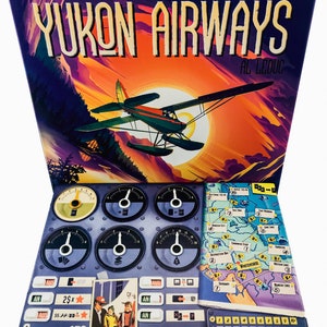 May include: Yukon Airways board game box with a vintage airplane illustration against a sunset backdrop. The game includes various game pieces, dials, and a map. The box features the text "Yukon Airways" and "Al Leduc". The Cessna 172 is also visible.