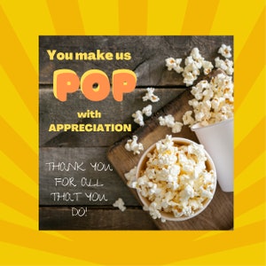 Popcorn Teacher Staff Appreciation Thank you Card PTO PTA Instant Download