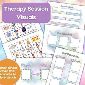 Peut inclure: Ensemble de visuels imprimables pour les séances de thérapie, comprenant des modèles d'emploi du temps et des cartes d'activités. Les visuels présentent des illustrations colorées et des étiquettes textuelles pour diverses activités. Le texte "Therapy Session Visuals" est également présent.