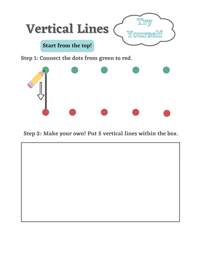 May include: A worksheet with instructions to connect green dots to red dots to create vertical lines. The second step instructs the user to draw 5 vertical lines within a box.
