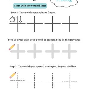 May include: A worksheet with instructions for tracing intersecting lines. The first step is to trace with a pointer finger, the second step is to trace with a pencil or crayon staying in the grey area, and the third step is to trace with a pencil or crayon staying on the line.