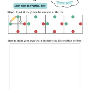 May include: A worksheet with instructions to draw intersecting lines. The first step shows a vertical line drawn through a grid of green and red dots. The second step provides a blank grid for drawing intersecting lines.
