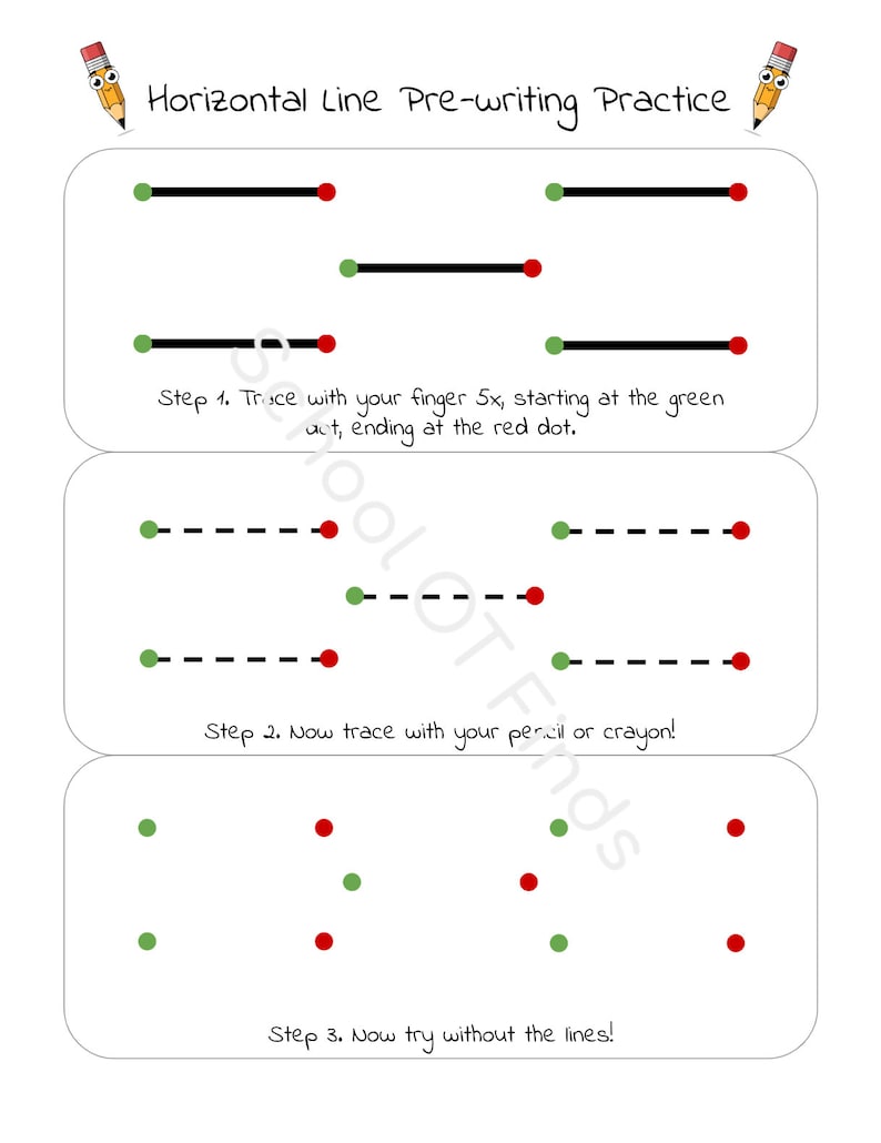 May include: A worksheet for pre-writing practice with horizontal lines. The worksheet has three sections. The first section has three solid black lines with green and red dots at the ends. The second section has three dashed lines with green and red dots at the ends. The third section has green and red dots without any lines.