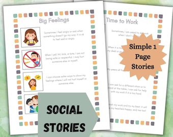 Può includere: Due storie sociali stampabili per bambini. La prima storia si intitola "Big Feelings" e presenta illustrazioni di bambini che esprimono emozioni. La seconda storia si intitola "Time to Work" e presenta illustrazioni di bambini che lavorano a una scrivania. Entrambe le storie sono intitolate "Simple 1 Page Stories".