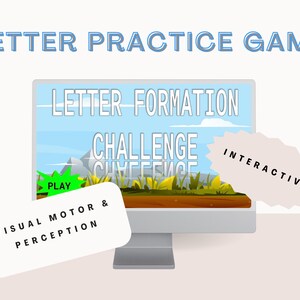 May include: A computer screen with a blue sky and green grass background. The text "LETTER FORMATION CHALLENGE" is displayed on the screen. A green button with the word "PLAY" is on the screen. A white card with the text "VISUAL MOTOR & PERCEPTION" is in the foreground. A beige starburst shape with the word "INTERACTIVE" is on the right side of the screen.
