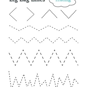 May include: A worksheet with the text "Zig Zag Lines" and "Tracing" in a cloud shape. The worksheet has four rows of dashed zig zag lines for tracing.