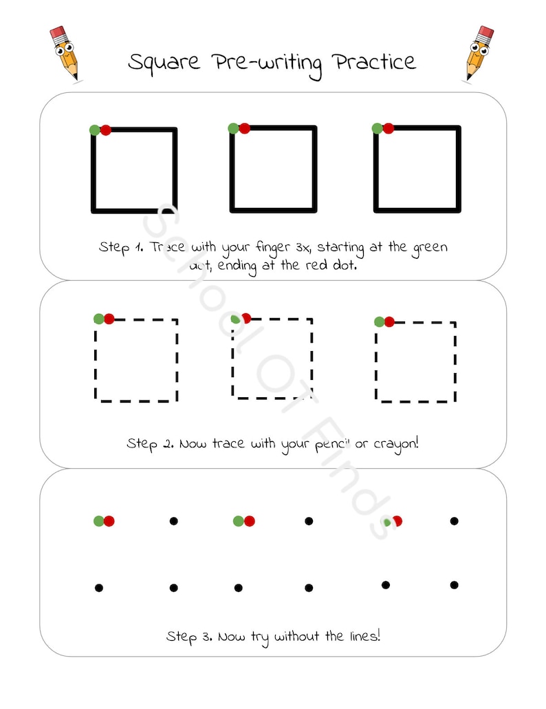 May include: A worksheet for pre-writing practice with three steps. The first step shows three squares with a green dot at the top left corner and a red dot at the top right corner. The second step shows three dashed squares with a green dot at the top left corner and a red dot at the top right corner. The third step shows three sets of two dots, one green and one red, followed by two black dots.
