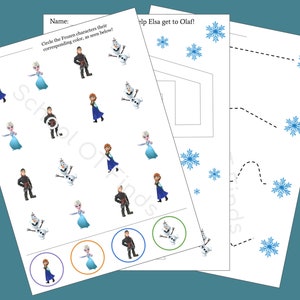 May include: A printable worksheet featuring Frozen characters. The worksheet includes a matching activity where children circle the characters that correspond to the colours shown below. The second page includes a maze activity where children help Elsa get to Olaf.