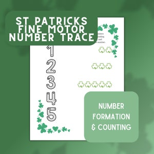 May include: A printable worksheet for children to practise fine motor skills by tracing numbers 1 to 5. The worksheet features a shamrock border and shamrocks to count.
