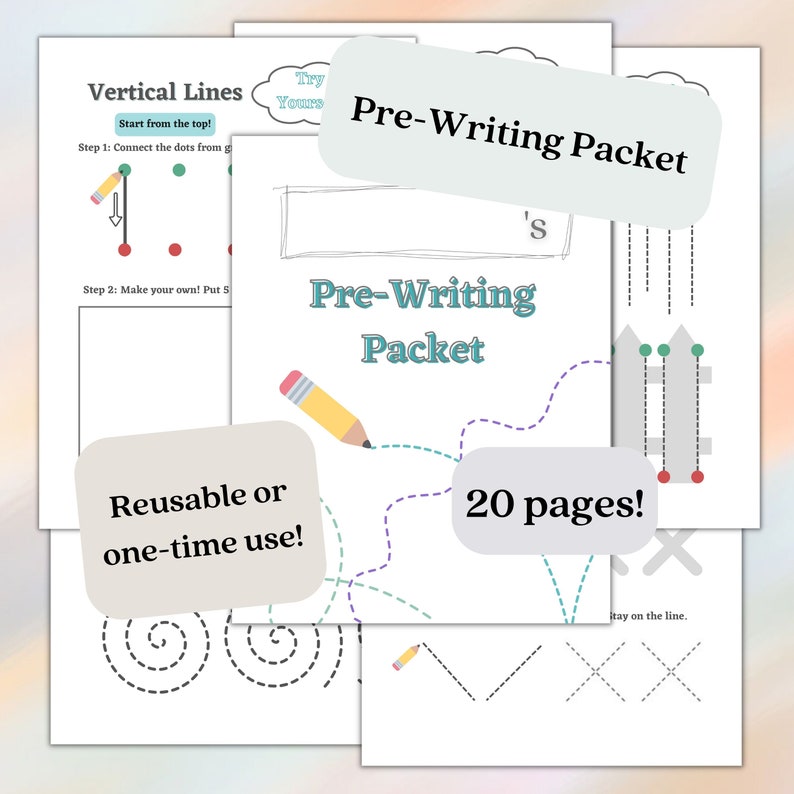 May include: A printable pre-writing packet for kids with 20 pages of activities. The packet includes tracing lines, shapes, and letters. The cover features a pencil and the text "Pre-Writing Packet".