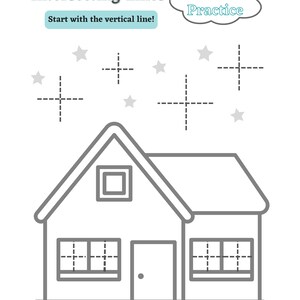 May include: A black and white line drawing of a house with windows and a door. The house is surrounded by stars and dashed lines that intersect to form plus signs. The text "Intersecting Lines" and "More Practice" is at the top of the image.
