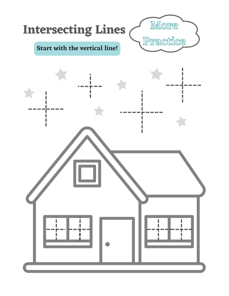 May include: A black and white line drawing of a house with windows and a door. The house is surrounded by stars and dashed lines that intersect to form plus signs. The text "Intersecting Lines" and "More Practice" is at the top of the image.