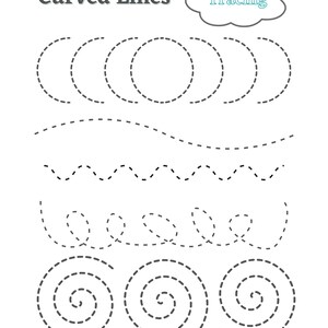 May include: A worksheet with the title "Curved Lines Tracing" and dotted lines for tracing various curved shapes, including circles, waves, and spirals.