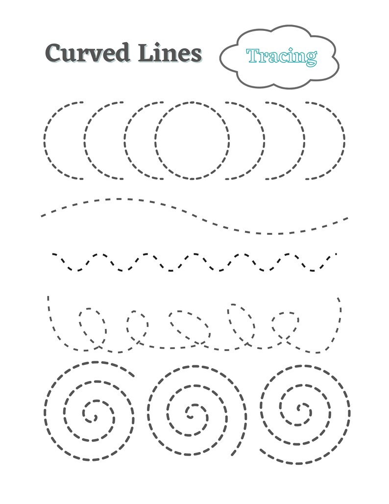 May include: A worksheet with the title "Curved Lines Tracing" and dotted lines for tracing various curved shapes, including circles, waves, and spirals.