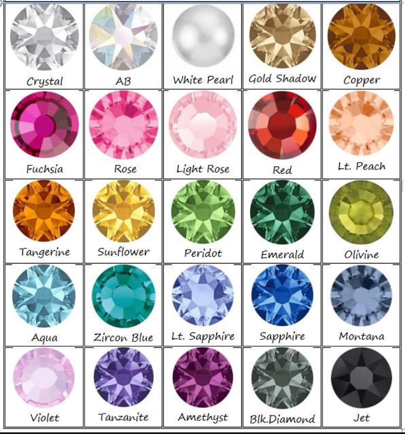 Puede incluir: Tabla de 20 piedras de cristal de diferentes colores, incluyendo cristal, AB, perla blanca, sombra dorada, cobre, fucsia, rosa, rosa claro, rojo, melocot&oacute;n claro, mandarina, girasol, peridoto, esmeralda, olivino, aguamarina, azul circonio, zafiro claro, zafiro, montana, violeta, tanzanita, amatista, diamante negro y azabache.