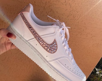 Women's Court Vision Low Sneaker Custom Bling Rhinestone Sneakers -AF1 Crystal Shoes - Air Force One Custom Glitter Running Shoes Pink Beige